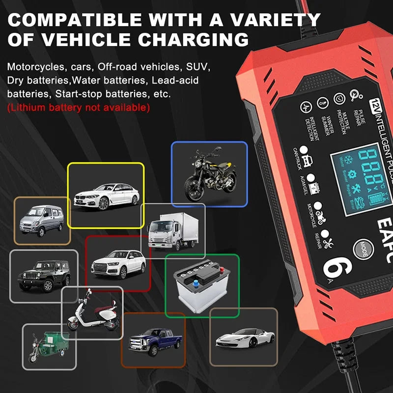 Carregador de Bateria 12V Inteligente para Carros e Motos com Visor LCD carregador de bateria automotiva Eletroflix 