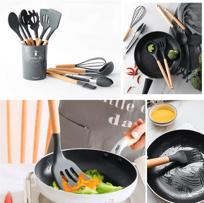 Kit 12 Utensílios Cozinha Silicone Cabo De Madeira - KitchenFlix Eletroflix 