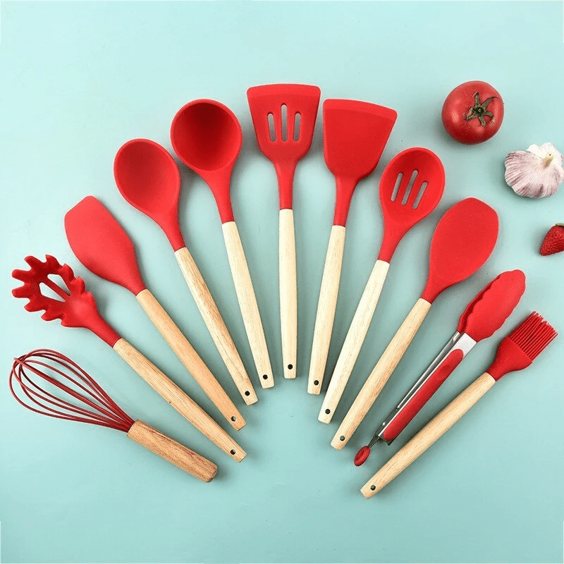 Kit 12 Utensílios Cozinha Silicone Cabo De Madeira - KitchenFlix Eletroflix 