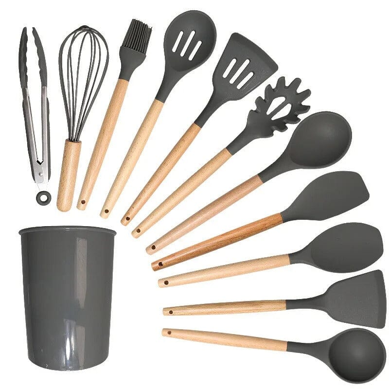 Kit 12 Utensílios Cozinha Silicone Cabo De Madeira - KitchenFlix Eletroflix Preto 