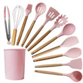 Kit 12 Utensílios Cozinha Silicone Cabo De Madeira - KitchenFlix Eletroflix Rosa 