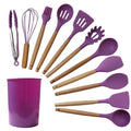 Kit 12 Utensílios Cozinha Silicone Cabo De Madeira - KitchenFlix Eletroflix Roxo 