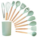 Kit 12 Utensílios Cozinha Silicone Cabo De Madeira - KitchenFlix Eletroflix Verde 