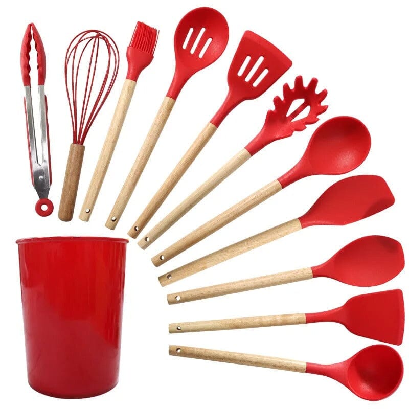 Kit 12 Utensílios Cozinha Silicone Cabo De Madeira - KitchenFlix Eletroflix Vermelho 